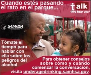 Woman in park holding a child. Text says Talk, They Hear You ... talk to kids about dangers of alcohol.